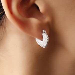 Heart Hoop Earrings: Pave CZ Crystal Huggie Hoops, Rhodium Plated