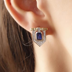 Gemstone Stud Drop Earrings, Blue Red Green Dangle Earrings, Bold Geometric Crystal Earrings, Statement Jewelry for Women, Gift Idea
