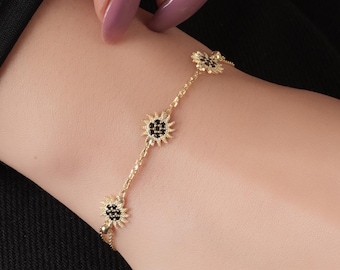 925 Sterling Silver Sunflower Bracelet Black Stone Floral Design: Dainty Minimal Jewelry Gift