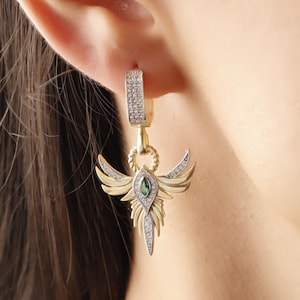 Angel Wing Earrings: Gold & Silver Dangle Jewelry with Green Cubic Zirconia