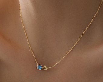 925 Sterling Silver Real Opal Tulip Necklace, Dainty Floral Pendant Gift for Women
