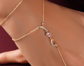 925 Sterling Silver Heart Stone Hand Chain Bracelet, Dainty Adjustable Shahmaran Slave Design Gift