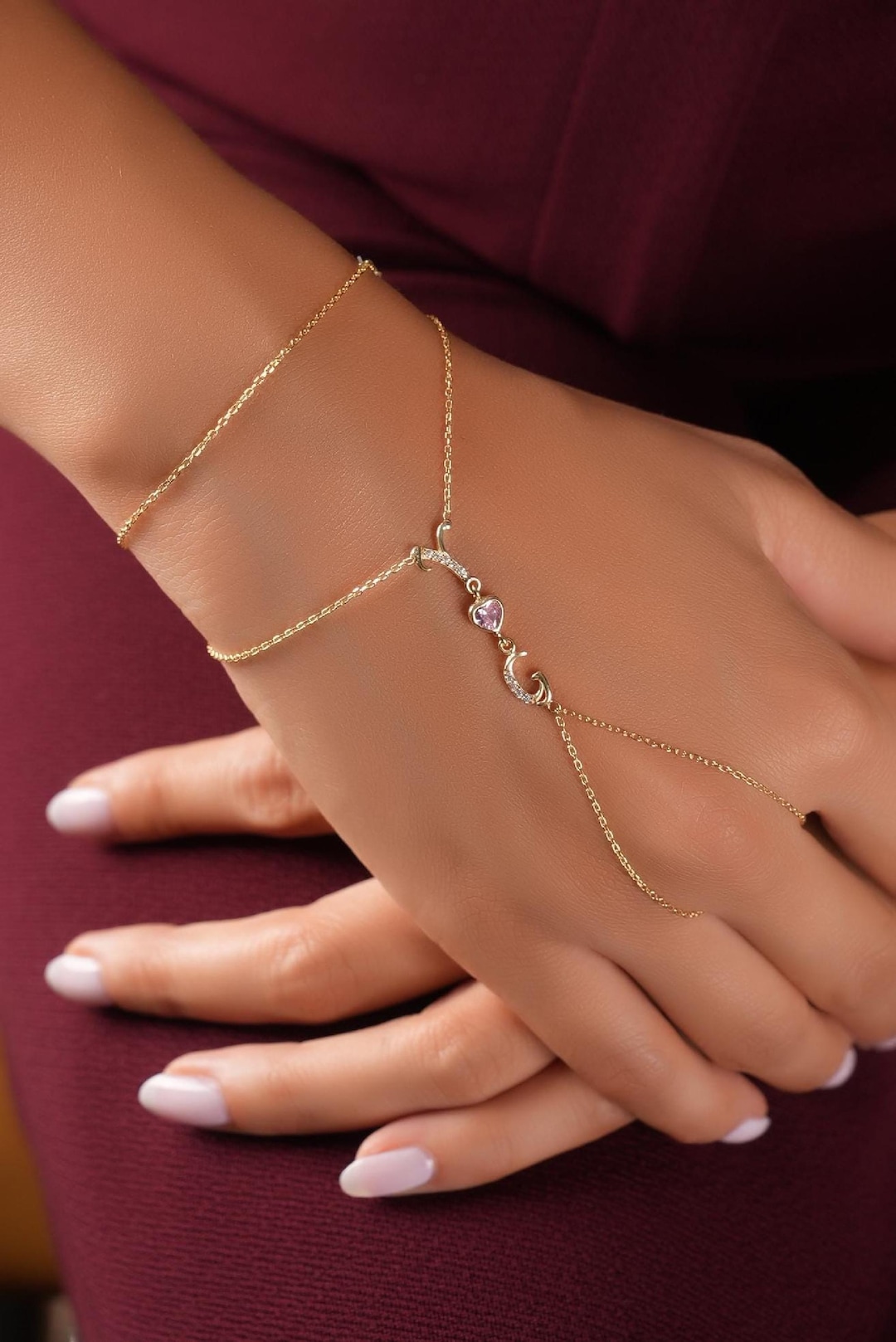 Hand Chain Bracelet: Adjustable 925 Sterling Silver Heart Stone ...