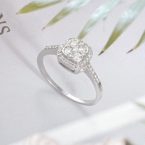 Anello di fidanzamento con diamante Halo a cuscino in oro massiccio 14 carati, anello di fidanzamento con cluster F-G SI da 0,38 ct, elegante regalo di alta gioielleria per lei, stile minimalista
