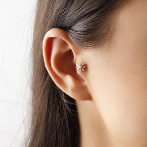 14K Solid Gold Snowflake Tragus Earring, Minimalist Cartilage Jewelry, Dainty Diamond Piercing Stud, Elegant Gift For Her, Gold Jewelry