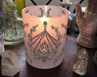 Beltane Flame and Thorn Frosted Candle Holder, Blessed Votive Candle Included
