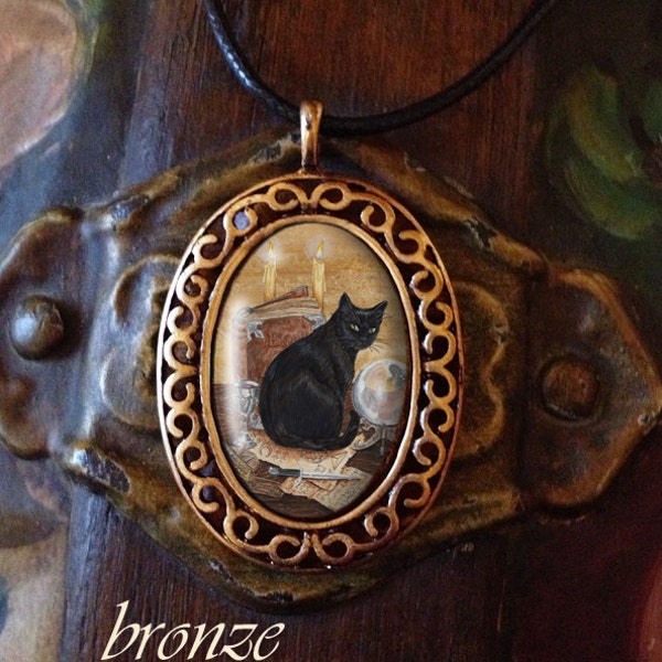 Porcelain Cameo Style Pendant, Art of Magic, Black Cat and Free Cordc FREE cord