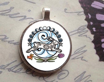 Ostara Rabbit and Moon Bezel Amulet with Free Ball Chain by Mickie Mueller FREE cord