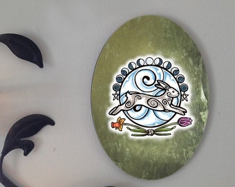 Ostara Rabbit and Moon Oval Tile Wall Hanging by Mickie Mueller