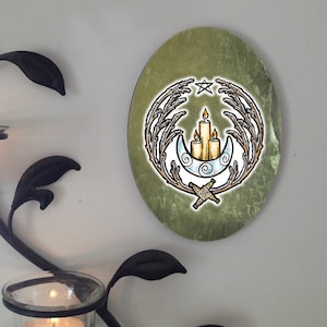 Imbolc Candles and Branches Oval Tile Wall Hanging by Mickie Mueller