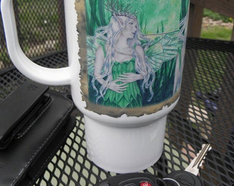 Polymer Travel Mug Fantasy Green Fairy Art