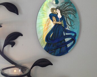 Solar Eclipse, Sun God and Moon Goddess Lovers Oval Tile Wall Hanging