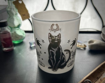 Lucky Black Cat Frosted Candle Holder, Blessed Votive Candle Included