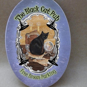 The Black Cat Pub... Oval Tile Wall Hanging image 1