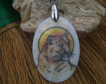Mountain Lion/ Puma/ Cougar Totem Animal Mother of Pearl Amulet by Mickie Mueller Cord FREE cord
