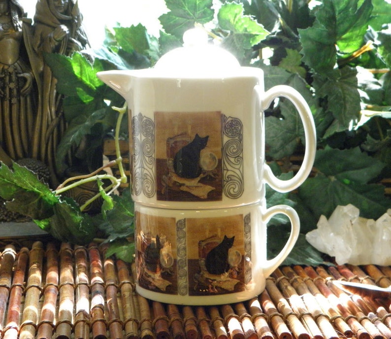 Café Style Porcelain Tea for One Set Magical Black Cat Art Etsy