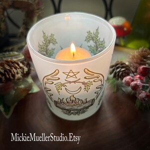 Yule Log and Antlers Frosted Candle Holder, Blessed Votive Candle Included image 7