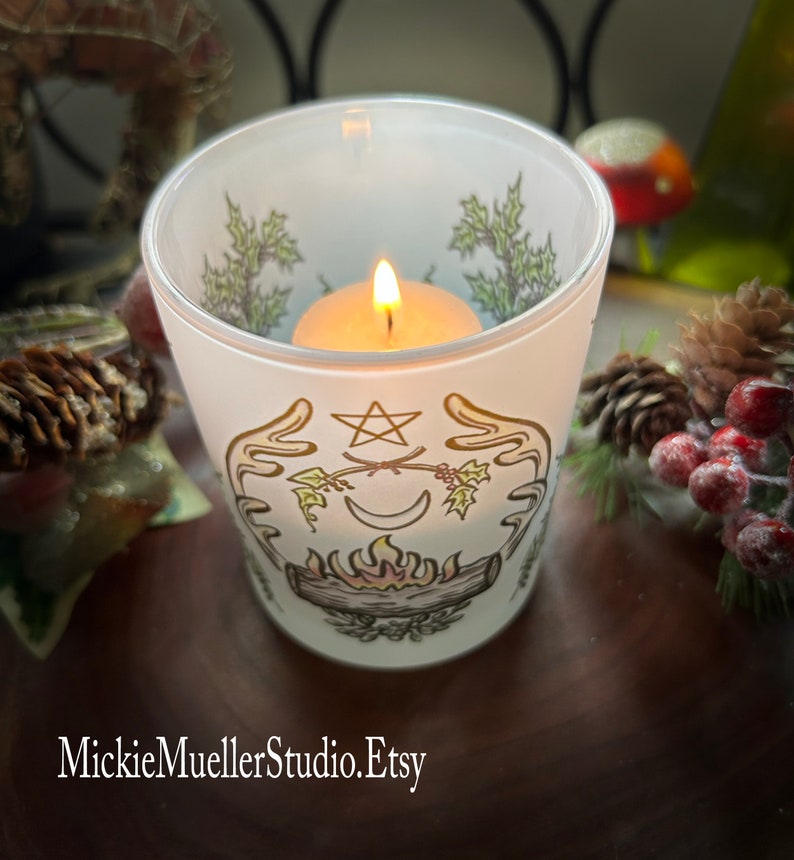 Yule Log and Antlers Frosted Candle Holder, Blessed Votive Candle Included image 7