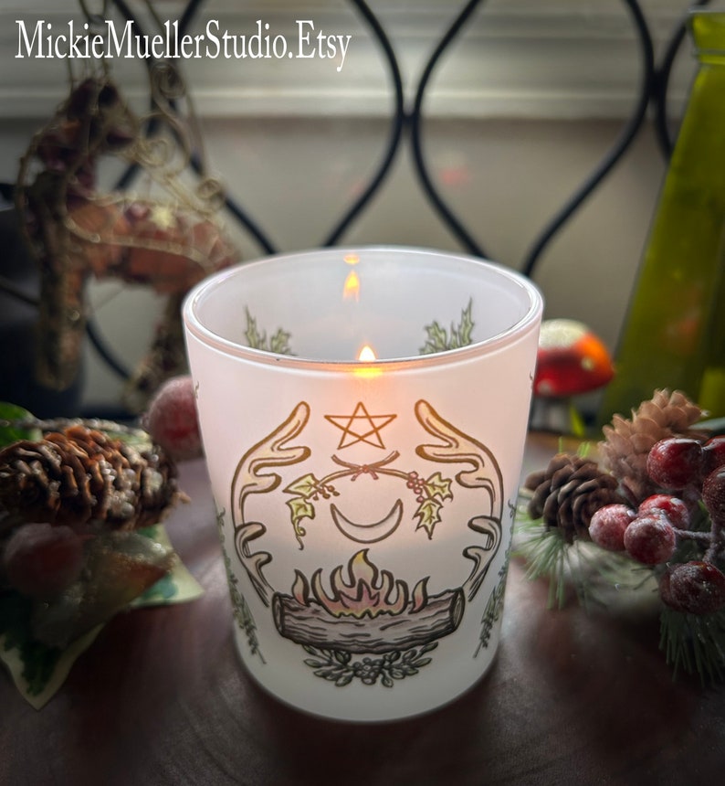 Yule Log and Antlers Frosted Candle Holder, Blessed Votive Candle Included image 1