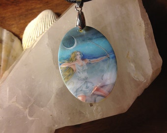Maiden Huntress, Artemis, Diana Mother of Pearl Amulet by Mickie Mueller FREE cord
