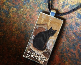 Art of Magic Black Cat, Statement Pendant, Bezel Amulet by Mickie Mueller FREE cord