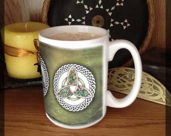 Oak, Ash, and Thorn Triquetra 15 oz coffee mug