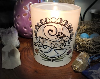 Ostara Rabbit and Moon Frosted Candle Holder, Blessed Votive Candle Included