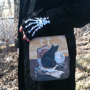 Black Cat Small Shoulder Bag With Changeable Hand Pressed Flap