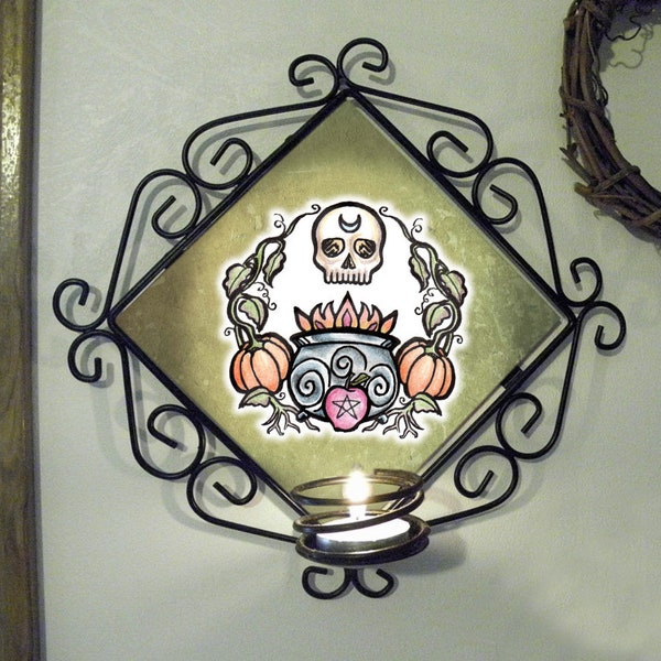 Samhain Skull and Cauldron Wall Candle Sconce