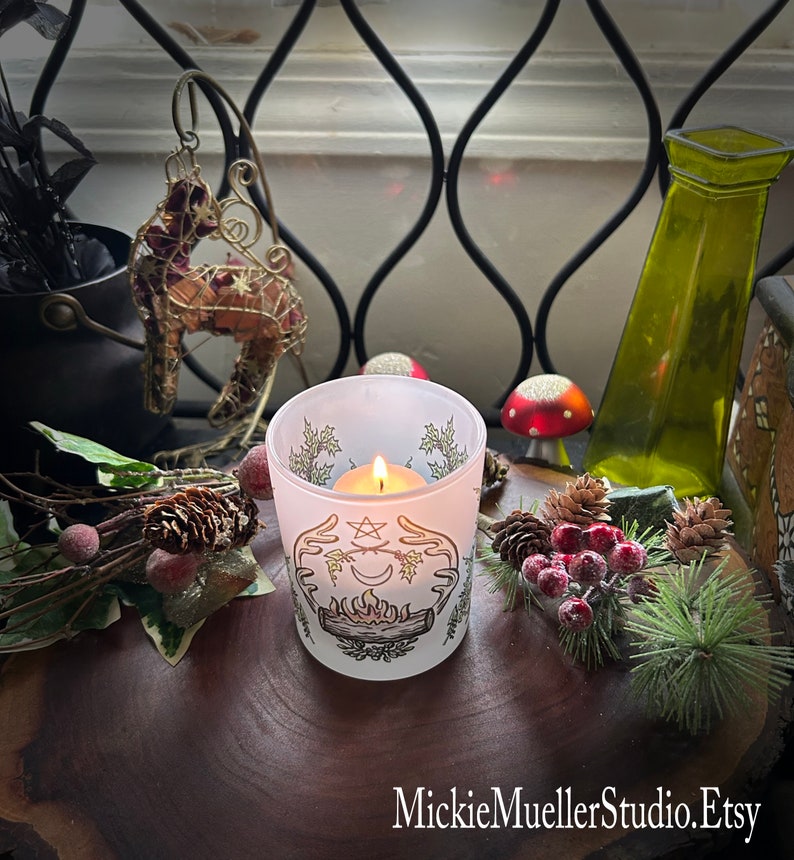Yule Log and Antlers Frosted Candle Holder, Blessed Votive Candle Included image 9