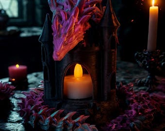Fantasy Dragon Castle Candle Holder, 3D Printed Gothic Tea Light Tower Decor, LED Dragon Lair Sculpture for Dungeon Fans, Free Shipping