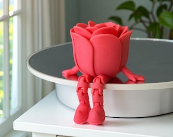Cute Articulated Rose Figurine with Dangling Legs – 3D Printed Flower Gift for Desk Decor, Valentine’s Day, Teacher or Friend