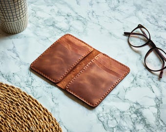 Tarjetero de cuero plegable, regalo de cuero para el tercer aniversario, billetera personalizada para el día del padre, billetera de cuero para papá - Camel