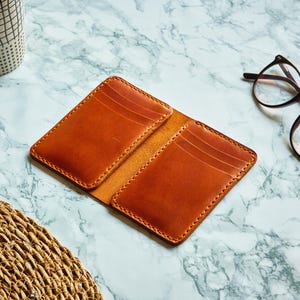 Cartera de cuero para regalarle a él, tarjetero de cuero personalizado, minicartera para padre, billetera minimalista para hombre - Bronceado antiguo