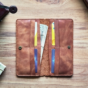 Cartera personalizada para aniversario, regalo del día de la madre, billetera larga de cuero para él, billetera alta de cuero plegable, regalo para ella - Camel