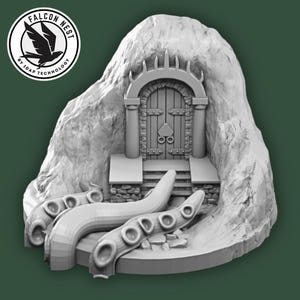 Puede incluir: Una miniatura impresa en 3D de una entrada de cueva de piedra con una puerta y un conjunto de tentáculos que emergen de la base. La entrada de la cueva está decorada con pinchos y la puerta tiene un diseño en forma de corazón.