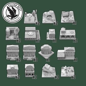 May include: A set of 16 miniature buildings and terrain pieces for tabletop gaming. The pieces are made of grey plastic and include a variety of buildings, such as a saloon, a bank, and a church, as well as terrain features, such as a cactus and a rock formation. The pieces are labelled with the number of each piece included in the set.