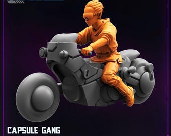 May include: A gray and orange futuristic motorcycle with a rider wearing a helmet and orange clothing. The motorcycle has a large front wheel and a smaller rear wheel. The text "Capsule Gang Biker Tetsuo Bike" is printed below the image.
