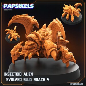 May include: A detailed, orange-brown Insectoid Alien miniature, labeled "Evolved Slug Roach 4." The model features intricate details, sharp claws, and a menacing open mouth. Two smaller versions are displayed on black bases, with the "Papsikels" logo at the top.
