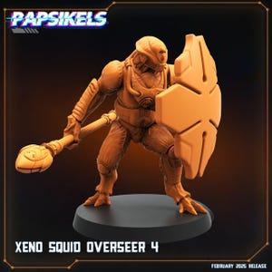 May include: A detailed miniature figure of a squid-like creature with a shield and a staff. The figure is painted in a brown color and is posed in a defensive stance. The figure is labeled "XENO SQUID OVERSEER 4".