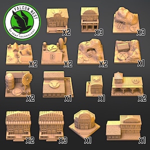May include: A collection of 15 miniature buildings and terrain pieces for tabletop gaming. The pieces are made of brown plastic and feature a variety of western-themed designs, including saloons, stores, and a rock formation. The pieces are labeled with the number of each piece included in the set.