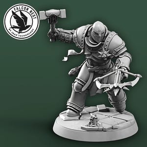 May include: A gray, detailed miniature figure of a warrior wearing armor and holding a crossbow and a hammer. The figure is standing on a round base.