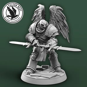 May include: A grey, winged, armored figure holding a sword. The figure is standing on a grey base. The figure is a miniature.