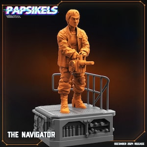 May include: A painted miniature figure of a person holding a weapon, standing on a platform with a gray and black design. The figure is wearing a brown jacket and pants. The platform has a gray and black design and the text "THE NAVIGATOR" is printed on the front. The text "DECEMBER 2024 RELEASE" is printed on the bottom right corner.