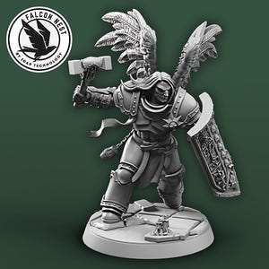 May include: A gray miniature figurine of a warrior with feathered wings, holding a hammer and shield. The figurine is standing on a round base.