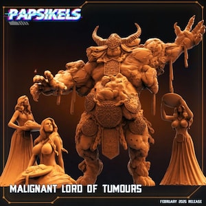 Op de afbeelding: Een 3D-geprint miniatuur van een monsterlijk, vlezig wezen met een kroon van hoorns en een grote, vlezige buik. Het wezen staat op een voetstuk met de tekst "MALIGNANT LORD OF TUMOURS" en "FEBRUARY 2025 RELEASE".