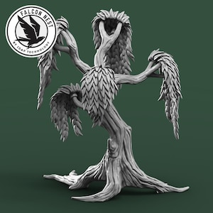 May include: A 3D printed model of a tree with a twisted trunk and branches. The tree has a unique, organic shape and is designed to resemble a weeping willow. The tree is painted in a light gray color.
