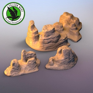 May include: Four brown, rocky, textured, miniature mountain formations. The mountains are arranged in a cluster, with the largest in the center.