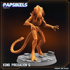 May include: A detailed, orange-brown plastic miniature of a Xenomorph Predalien, a fictional creature from the Alien franchise. The figure has a long, segmented tail and a menacing, humanoid form. The figure is posed in a dynamic stance, with its tail curled around its body. The figure is standing on a gray base with a textured surface. The text "XENO PREDALIEN 6" is printed on the base.