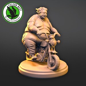 May include: A 3D printed figurine of a large person riding a small motorcycle. The figurine is made of a light brown plastic and is posed in a dynamic riding position. The person is wearing a shirt and pants, and the motorcycle has a single headlight and a small seat.
